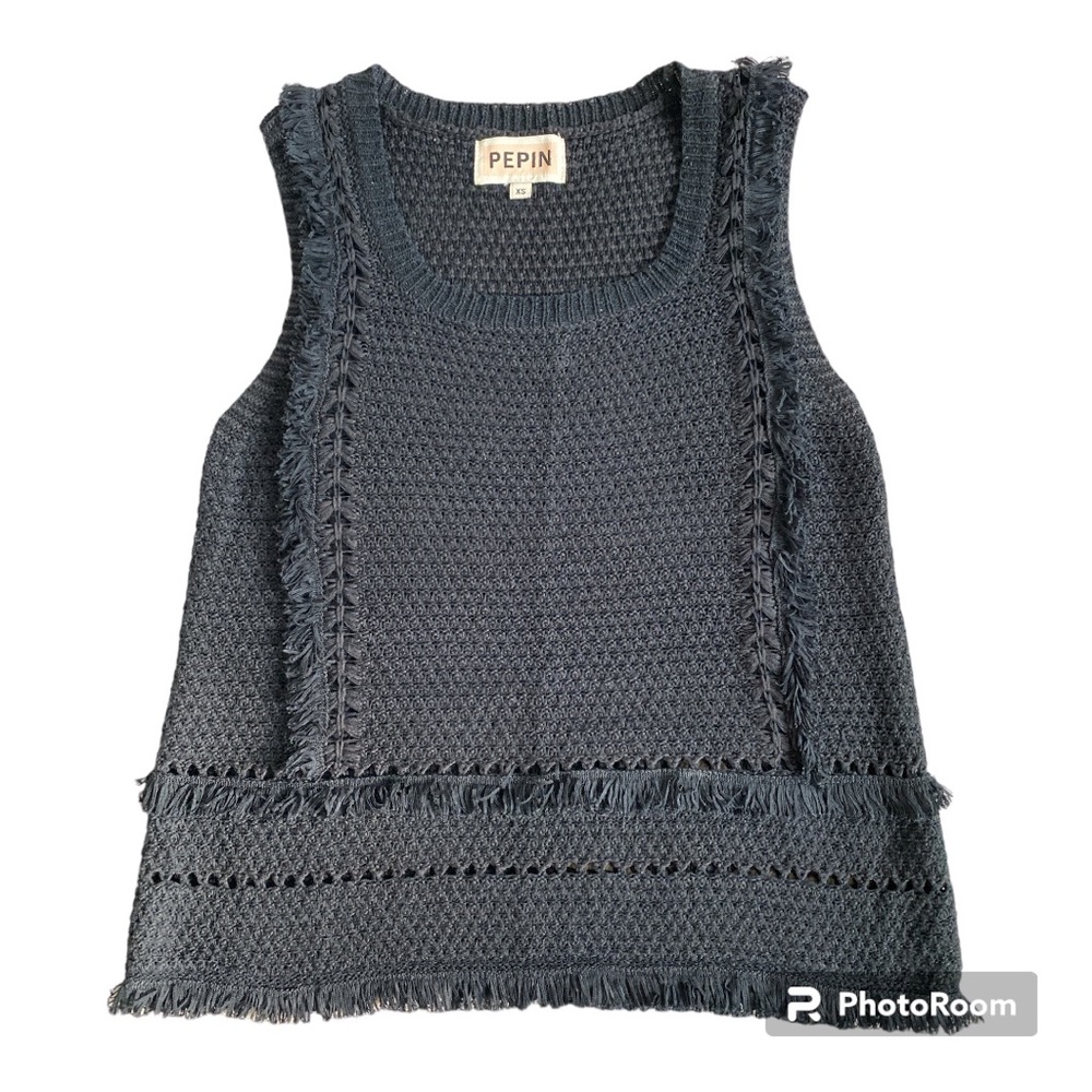 Pepin women’s sleeveless black sweater with fringe details size XS